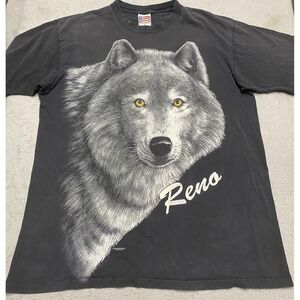 Vintage Wolf T Shirt Mens XL Black Mega Print Reno Graphic 90s Single Stitch